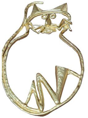 Goldtone Sitting Cat Kitty Feline Silhouette Outline Brooch Pin 3.5 inch